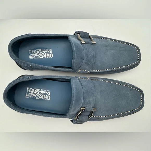 Salvatore Ferragamo Men Driving Suede Blue Moccasin Loafers Logo Sz 9 D - Picture 14 of 16